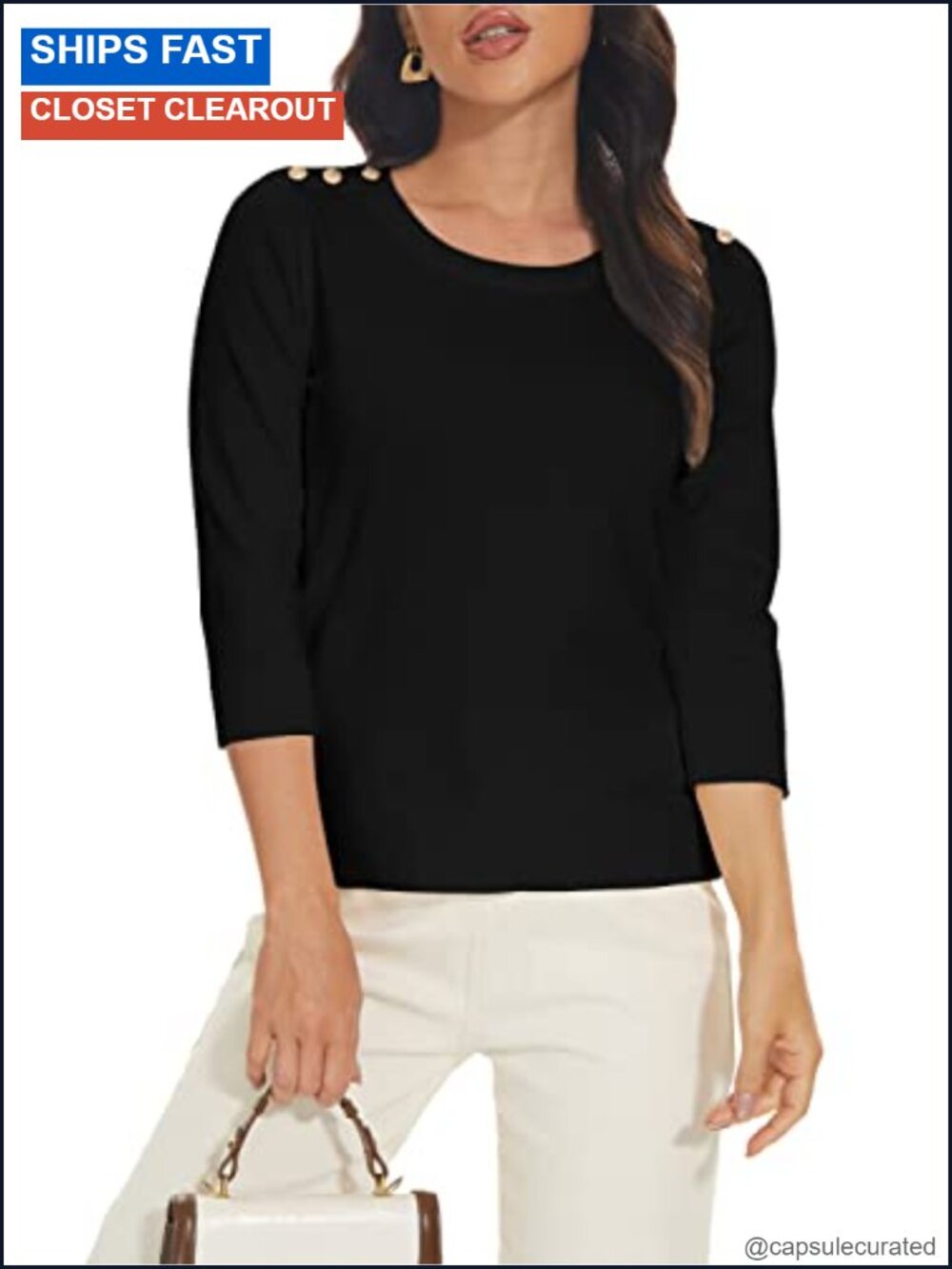 Women's 3/4 Sleeve Knit Pullover Sweater with Shoulder Buttons